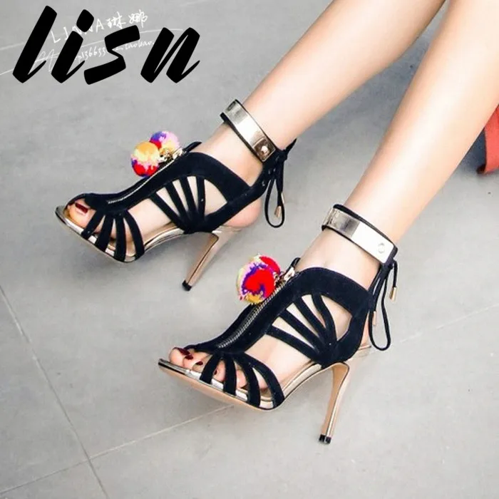 

LISN New Black Genuine Leather Gladiator Lace Up Summer Sandals Sexy Open Toe Pom Pom HIgh Heel Sandals Shoes Women
