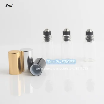 

3ml Mini Travel Clear Refillable Essential Oil Glass Roll on Bottle Sample Stainless Steel Roller Essential Oil Vial Silver Gold