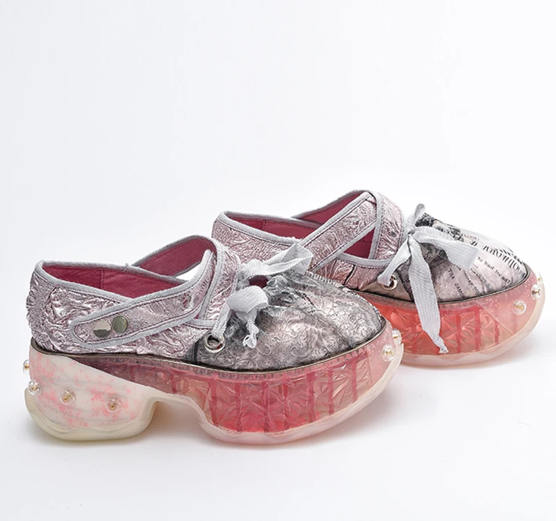 Кроссовки на толстой резиновой подошве с принтом; прозрачная обувь ручной работы; обувь для широкой посадки; женская обувь на платформе из натуральной кожи; цвет розовый; женская обувь на плоской подошве