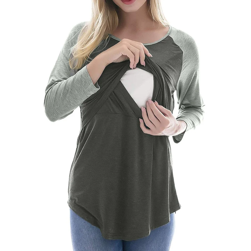 Maternity Womens Nursing Splice Long Sleeve Round Neck Breastfeeding Blouse Breastfeeding T-shirt Nursing Clothes for Women 2019