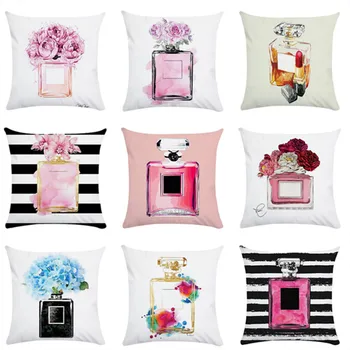 

45*45cm Printed Flowers Pillowcase Perfume Bottles Lipstick Velvet Cushion Cover Square Pillowcovers Home Pillow Cases