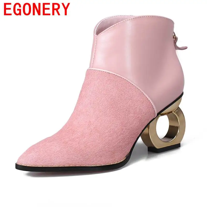 

EGONERY ankle boots fretwork heels popular comfortable after the zipper pointed toe party appointment mixed colors shoes women