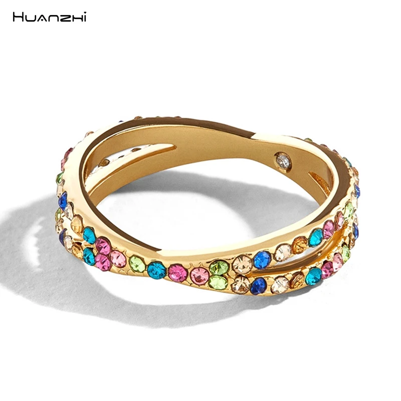 

HUANZHI 2019 New Colourful Crystal Rhinestone Cross Multilayer Cocktail Ring for Women Wedding Accessories Charm Jewelry Gifts