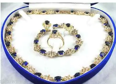 

Fast shipping +Pretty plated 18k Yellow gold blue sapphire necklace bracelet ring set (A0503)