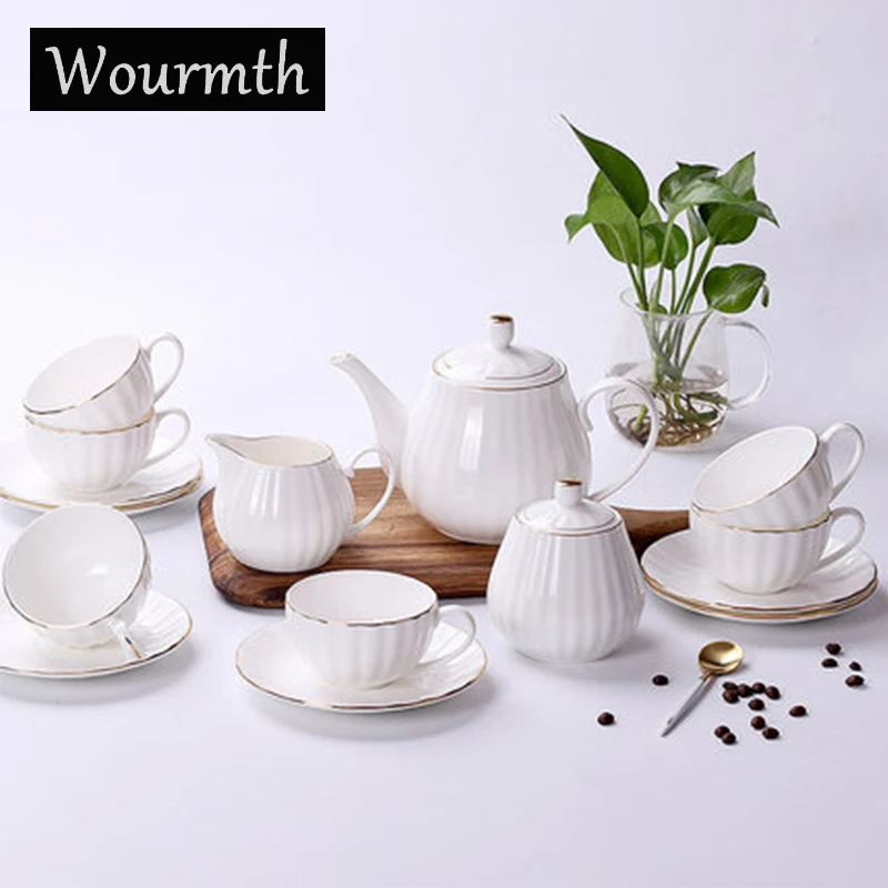 

WOURMTH 15PCS High-quality bone China Coffee Cup White Pumpkin Stripe Drinkware Porcelain Cup Coffeepot Tea cup saucer set