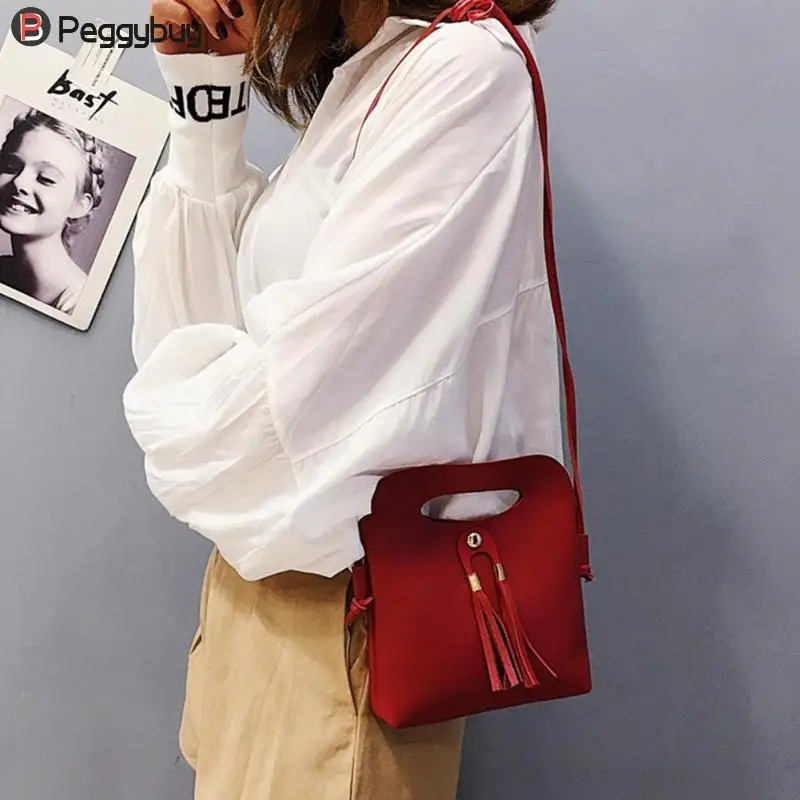 

2018 Fashion Women's Handbag Simple Tassels Small Bag Candy Color Women Girls PU Leather Ladies Messenger Bag