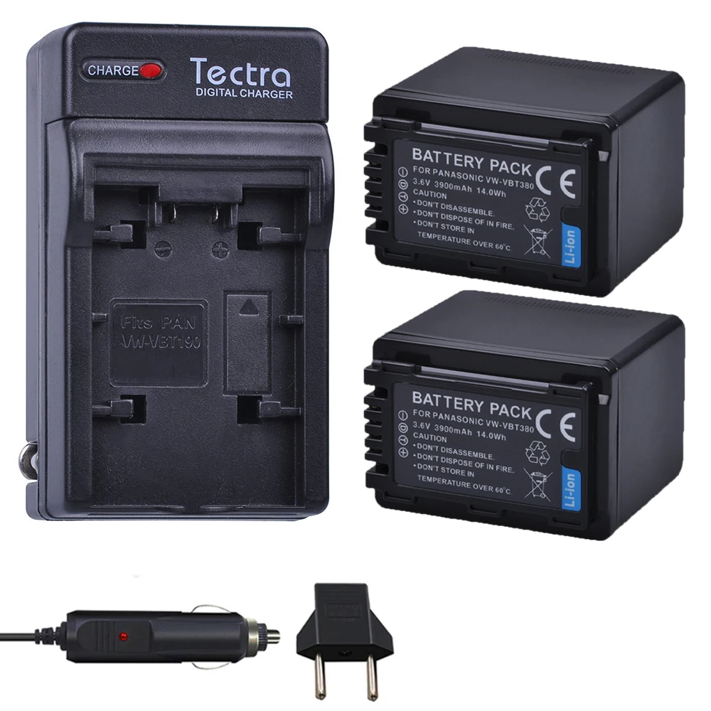 

2PCS 3900mAh VW-VBT380 VW VBT380 Battery+AC Charger+Car Plug for Panasonic HC-V180GK HC-WX970GK HC-V380GK HC-V800 V380 Battery