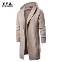 Осенний толстый мужской кардиган с v-образным вырезом, вязаный однотонный длинный свитер, пальто с капюшоном и карманом, верхняя одежда, теплый, Облегающая посадка, кардиган с длинными рукавами