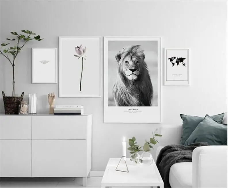 

Animal Lion flower Map text Canvas Poster Nordic Style Landscape Wall Art Print Picture for Living Room