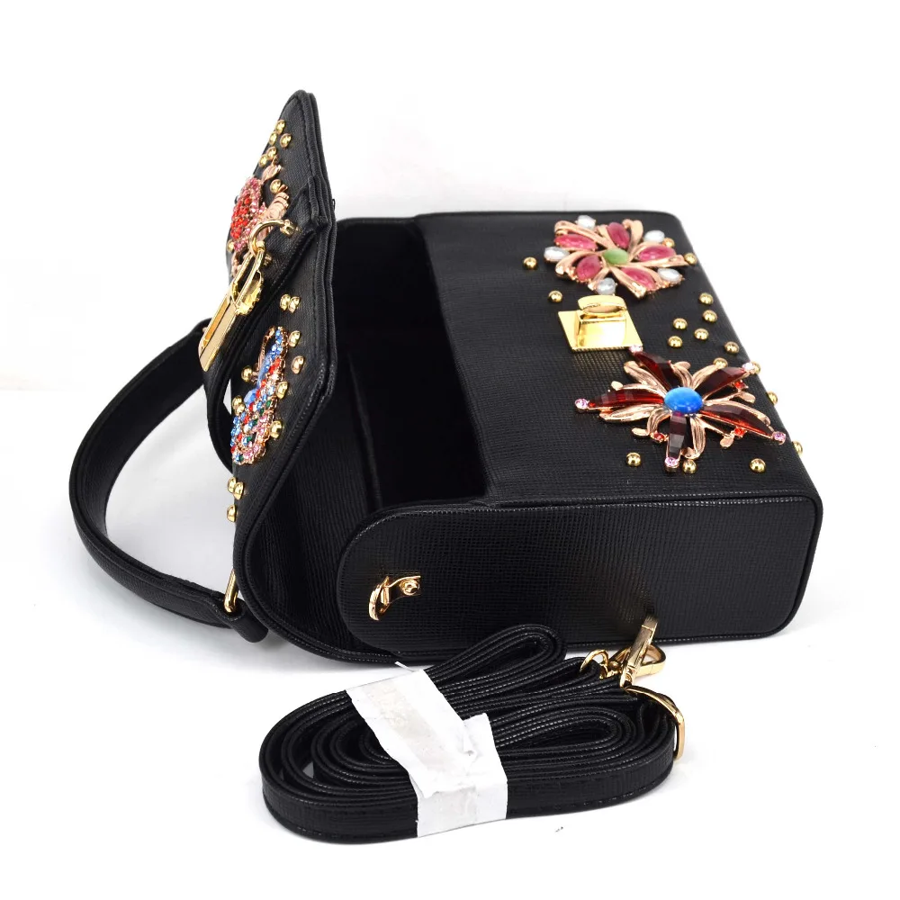 Модные черные кристаллы, цветок поводок для животных Сумки Женская с замком коробка вместительная мини-сумка дамская Лоскутная Pu сумка на плечо Женская клатч