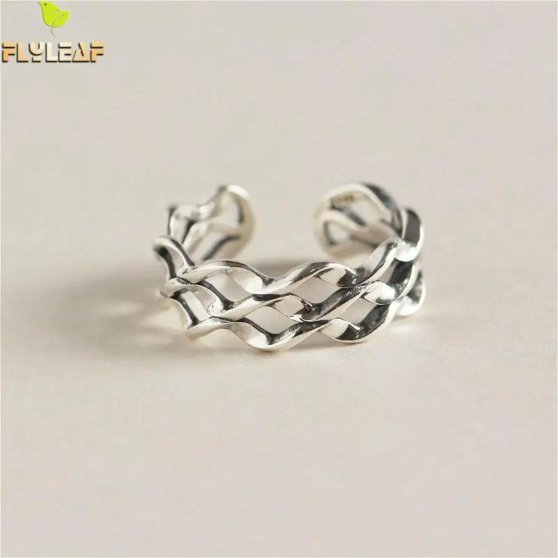 

Flyleaf 925 Sterling Silver Rings For Women Retro Geometric Wavy Three Floors Smooth irregular geometric section