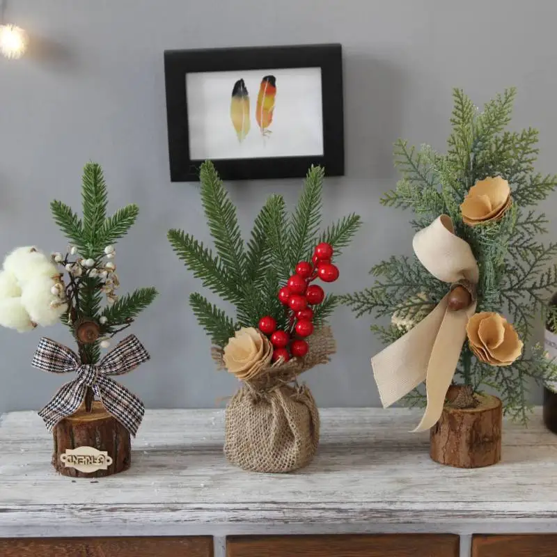 

Mini Christmas Trees Xmas Home Desktop Decoration Mini Christmas Ornament with Wooden Base Artificial Tree Plant Christmas Deco