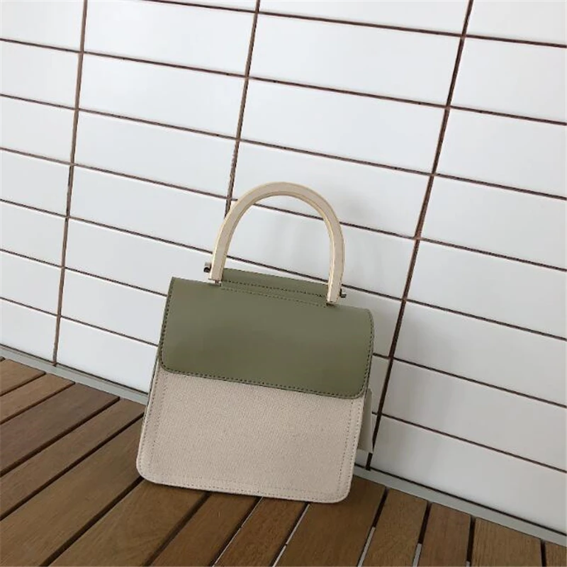 

Women's Box Bag Wood handle brand handbag ladies Canvas stitching PU leather shoulder bag small Party Purse messenger Bag 2019