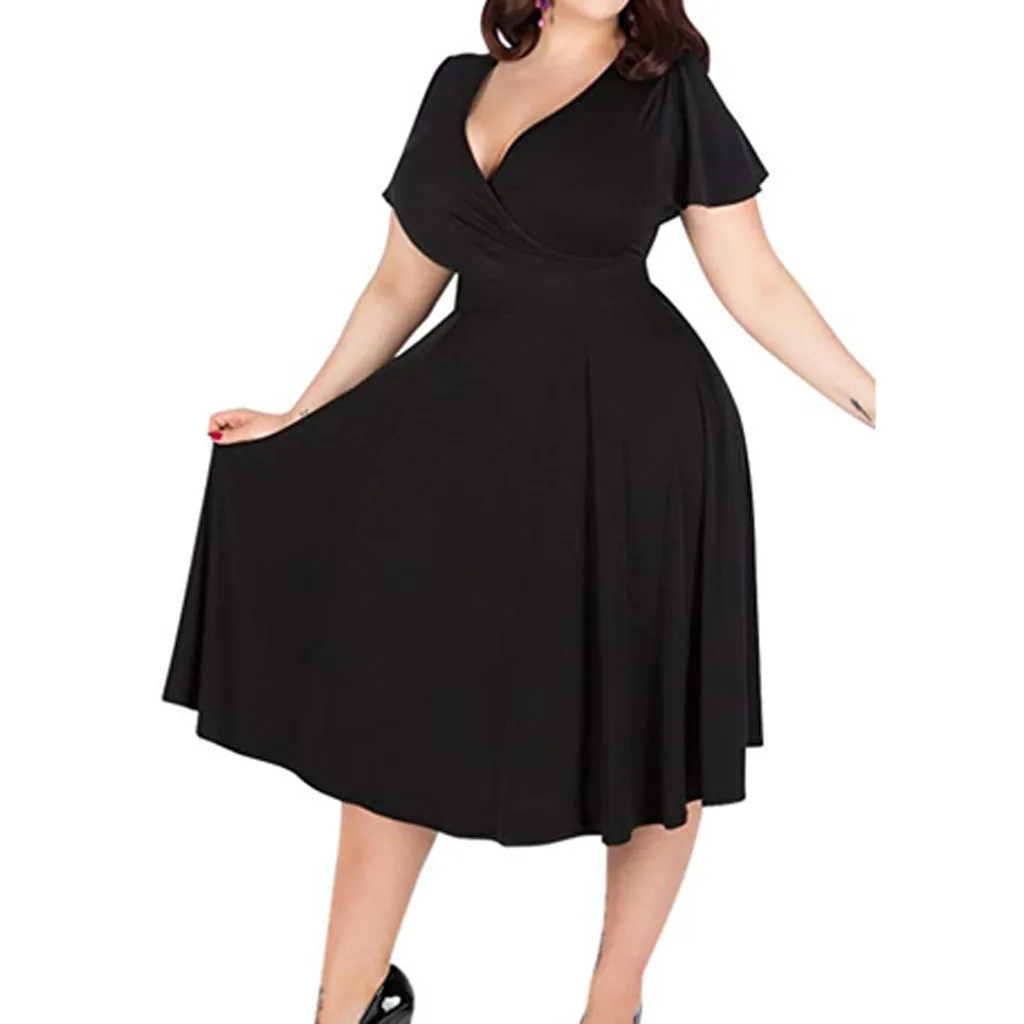 JAYCOSIN новое летнее женское платье повседневное с v-образным вырезом элегантное с поясом сплошного размера плюс размер платье женское платье 606 - Цвет: Black