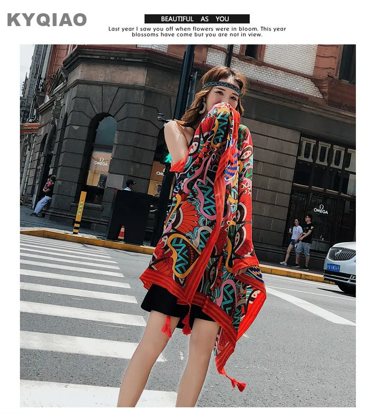 KYQIAO, винтажный дизайнерский головной шарф, женский, осенний, зимний, мексиканский стиль, хиппи, дизайнерский, длинный, с принтом, шейный шарф, зарубежные заказы