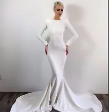Meerjungfrau Abendkleid Vestido Branco Longo 2017 Oansatz Weiß Satin Langarm Prom Kleider mit Sweep Zug