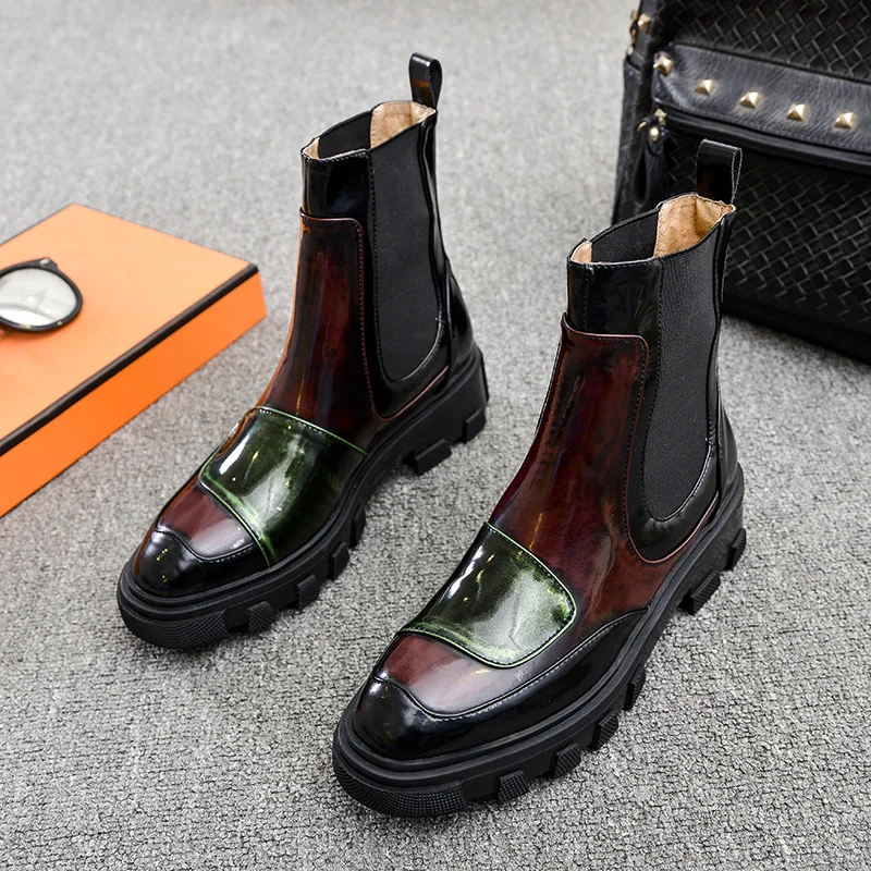 

2019 autumn and winter new leather round head thick Martin boots women color matching short high heel fashion women's boots