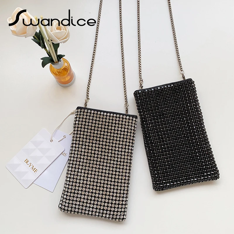 

Real Genuine Leather Calfskin Rhinestone Crystal Bling Chain Crossbody Messenger Bags Phone Clutches Handbags Pouch Women Female