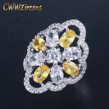 

CWWZircons High Quality Silver Color Large Yellow Cubic Zircon Ring Jewelry For Women Engagement Party Cocktail Rings R051