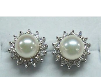 FREE SHIPPING>>> Free shipping Real 9-10mm White Pearl 18KWGP Crystal Stud Earrings