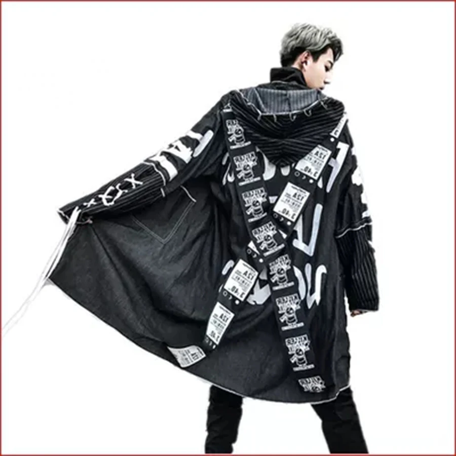

Denim Trench Coat Mens Hooded Vintage Rock Punk Jackets Long High Street Printing Hip Hop Overcoat Korean Fashion Clothing Male