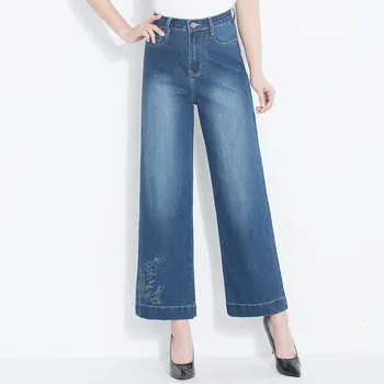 

2018 The New Jeans Women High Waist Blue Loose elasticity Embroidered Flares Pants Bell Bottom Stretch Slim Denim Ladies