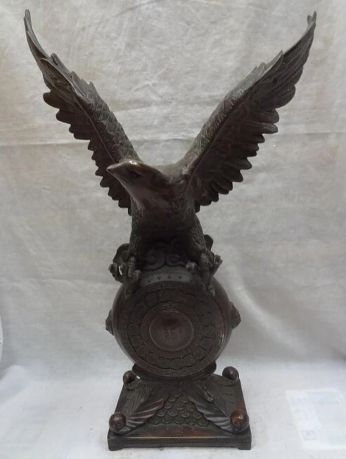 

JP S0610 21" Chinese Bronze Home FengShui Bird Wealth Coin Eagle Hawk Statue On Cai Drum