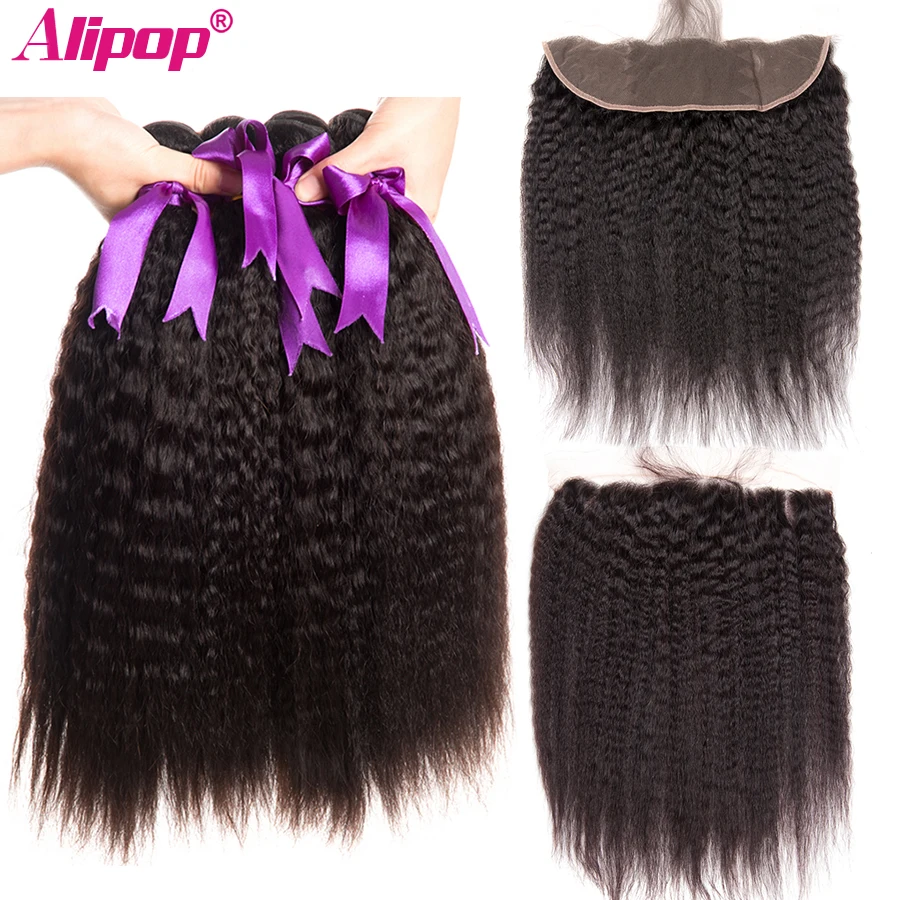 online Alipop Cabelo Reto Kinky Pacotes Com Frontal Do Cabelo Brasileiro Weave Bundles Cabelo Humano Extensão Do Cabelo Remy Pacotes Com Frontal