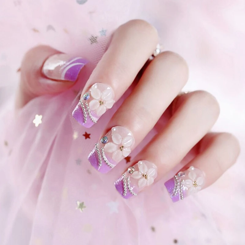 

24pcs Long Size Light Purple Color False Nails Girls Natural Flower Carved Fake Nails New Fashion Nail Art Tips With Glue
