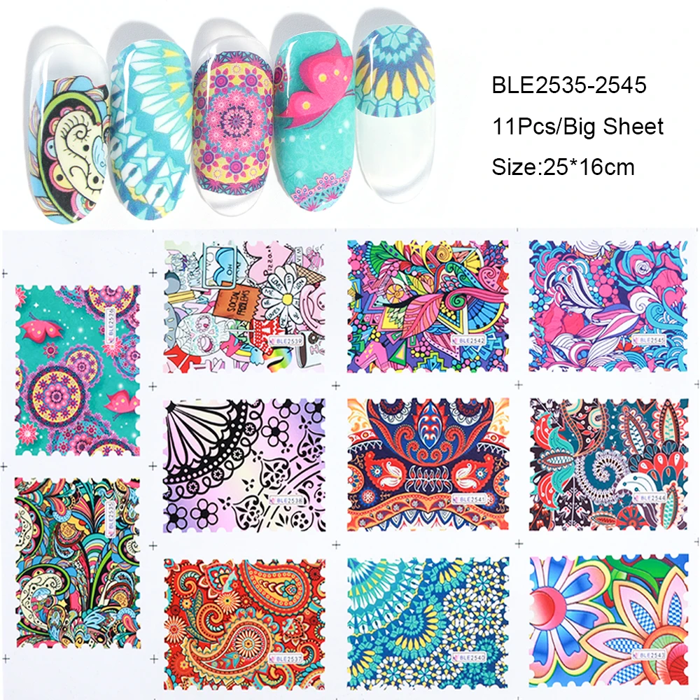 11 Design Retro Water Transfer Decals Nail Art Sticker Colorful Flower Vines Totem Full Wraps Manicure Decoration LABLE2535-2578  (3)