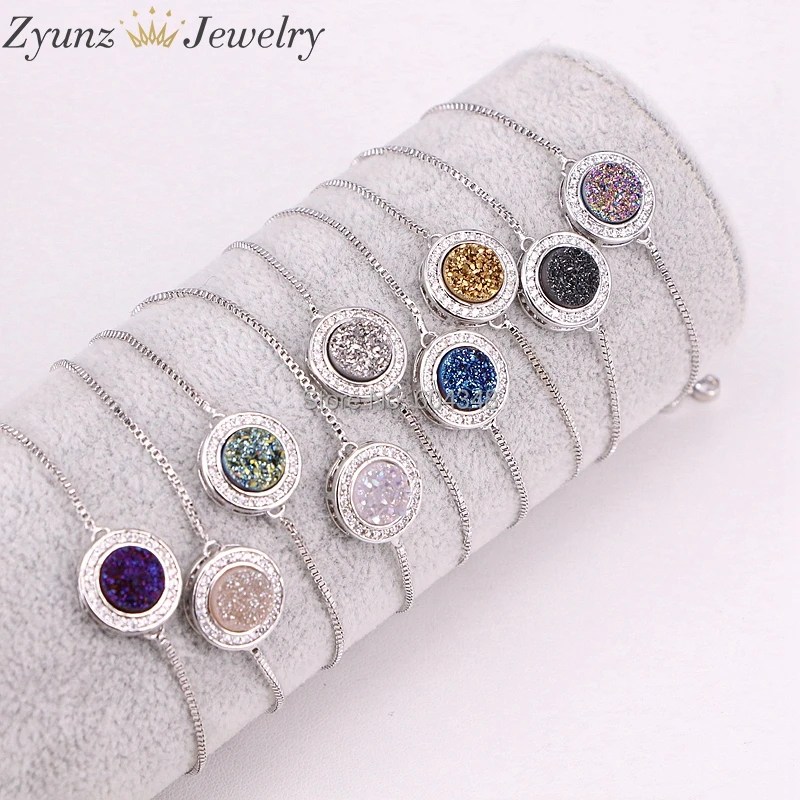 10 шт. ZYZ296-9473 модный браслет с брелоками Титан натуральный камень друзовый кварц проложить кубический цирконий CZ регулируемый браслет