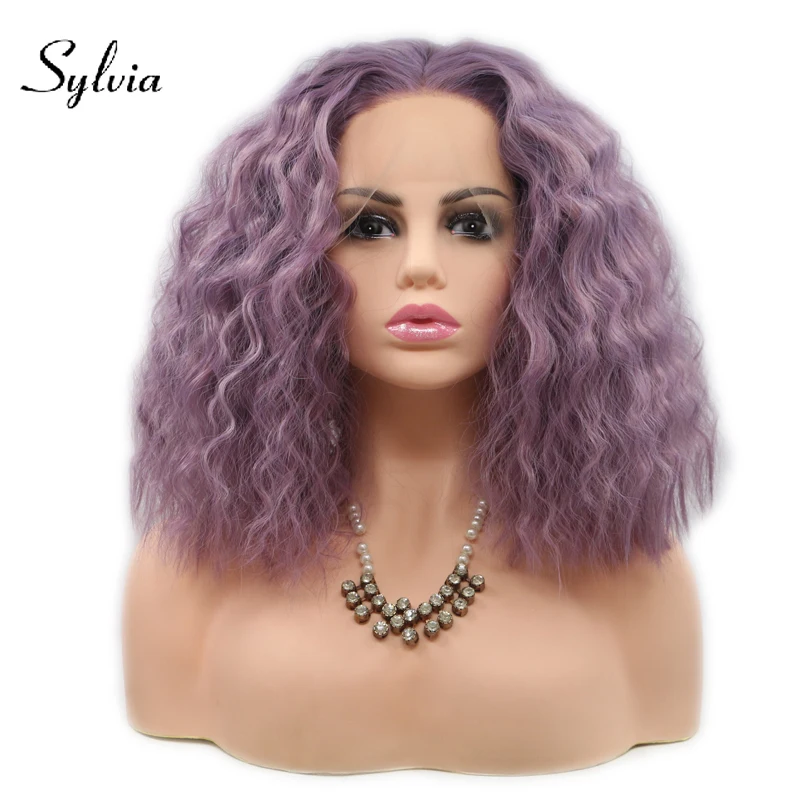 Sylvia mixed purple short kinky straight synthetic lace front wigs with