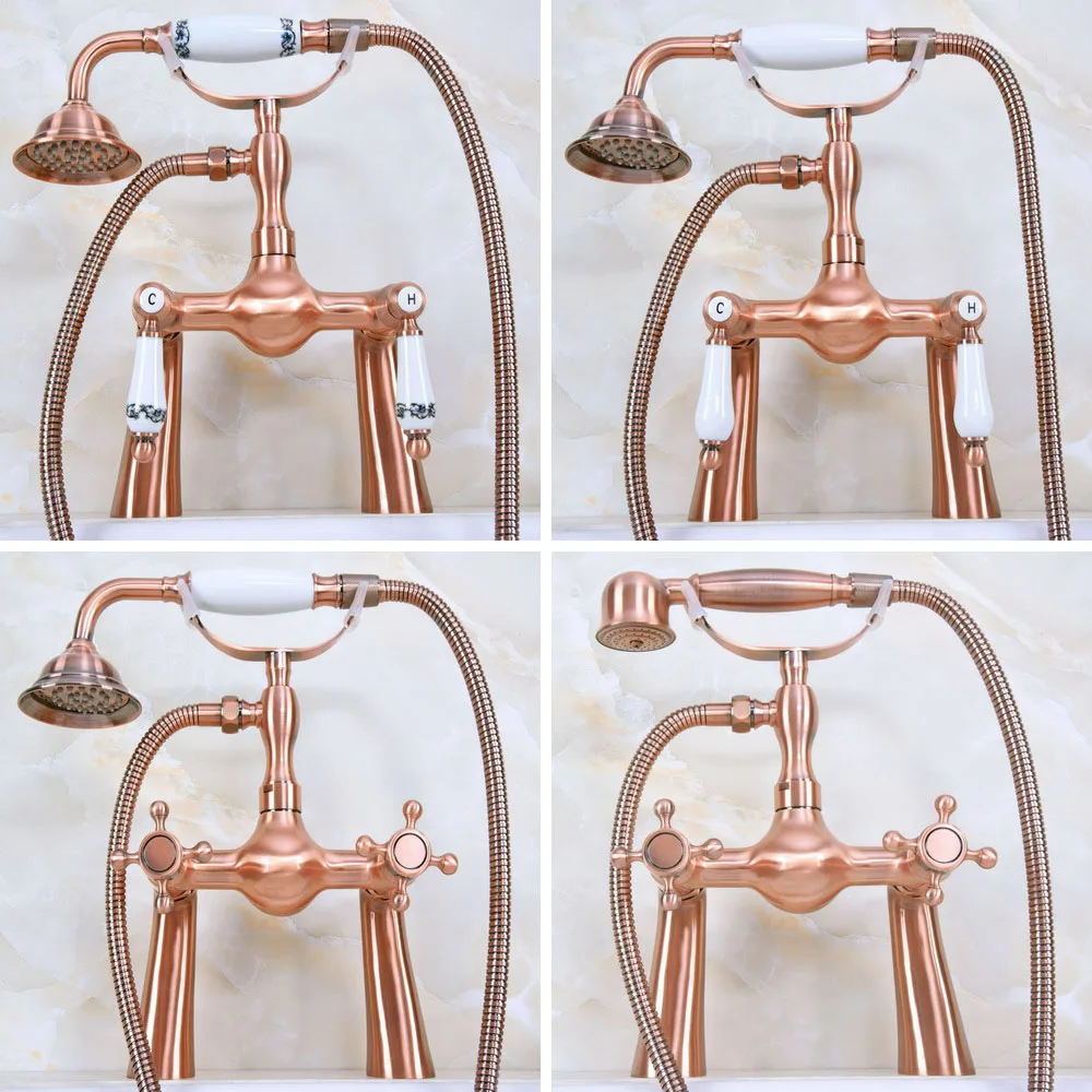 

Antique Red Copper Deck Mount ClawFoot Bath Tub Faucet With Telephone Style Hand Held Shower Head - Bathroom Plumbing ana172