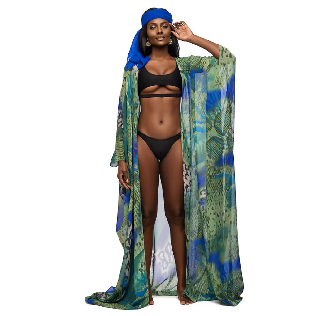 

2019 Women Printed Vintage Bikini Cover Up Chiffon Sunscreen Beach Dress Cape Cardigan Swimwear Summer Swimsuit Bathing Pareos