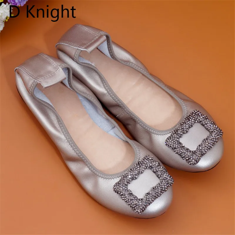 Natural Leather Loafer Womens Shoes Round Toe Slip On Ballet Shoes with Rhinestones Shallow Mouth Flats Ballerinas Women Size 12 (26)
