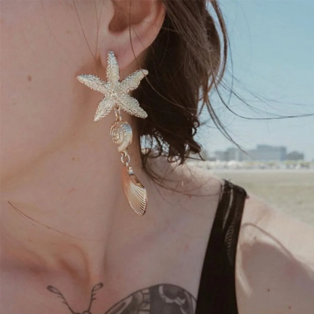

JOUVAL Summer Beach Ear Jewelry Ocean Starfish Shell Shape Metal Drop Dangle Earrings For Women Female Sandy Eardrop Brincos