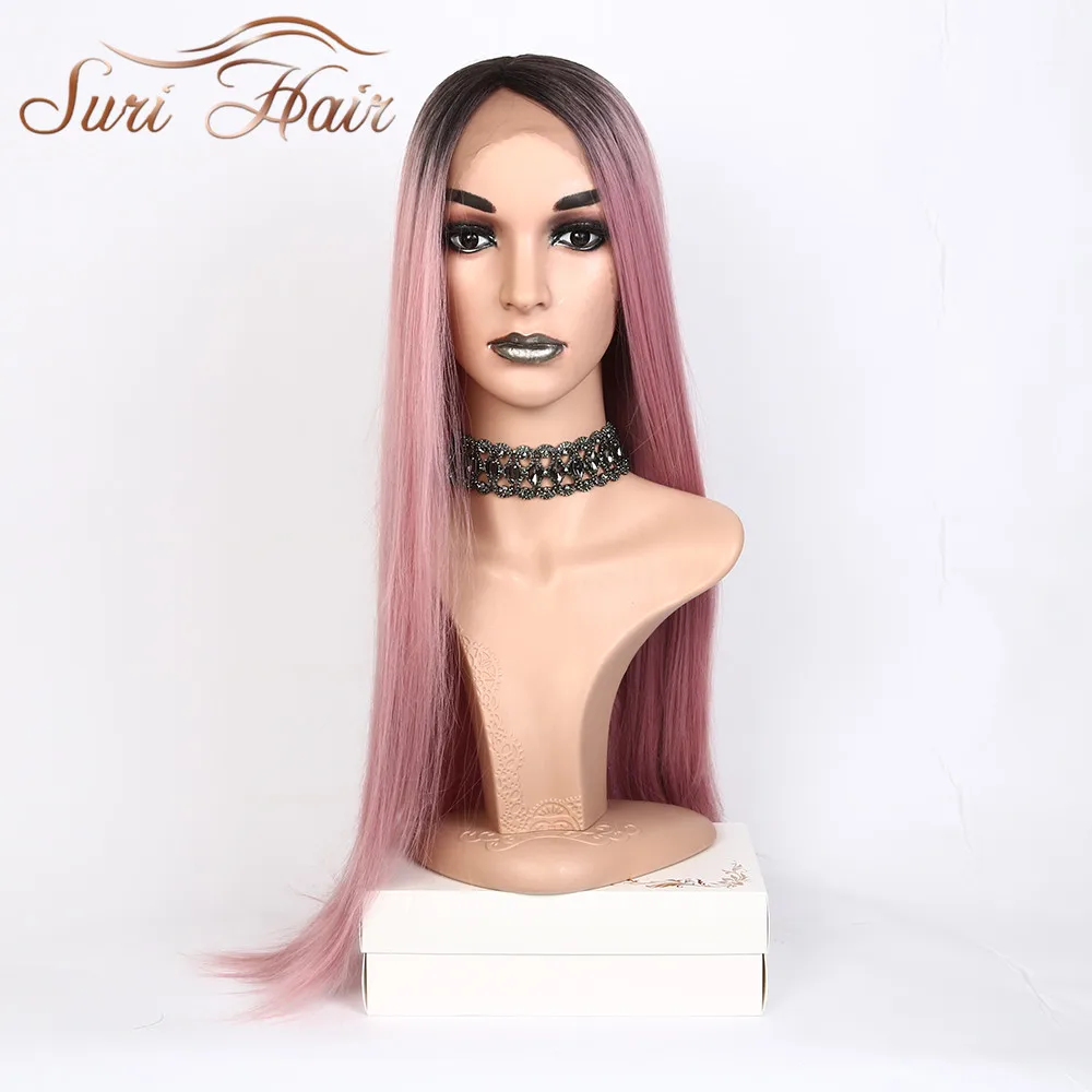 Suri 30inche Longo Sintético em Linha Reta Peruca Dianteira do Laço do Cabelo Rosa Ombre Raízes Negras de Fibra Resistente ao Calor Parte Lateral para Mulheres Cosplay 2 Suri 30inche longo Sintético em linha reta
