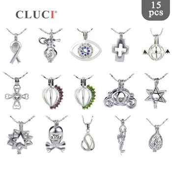 

CLUCI 15pcs/set Mixed Style Charms Pearl Locket for Women Necklace Making Silver Plated Wish Pearl Cage MPC012SB