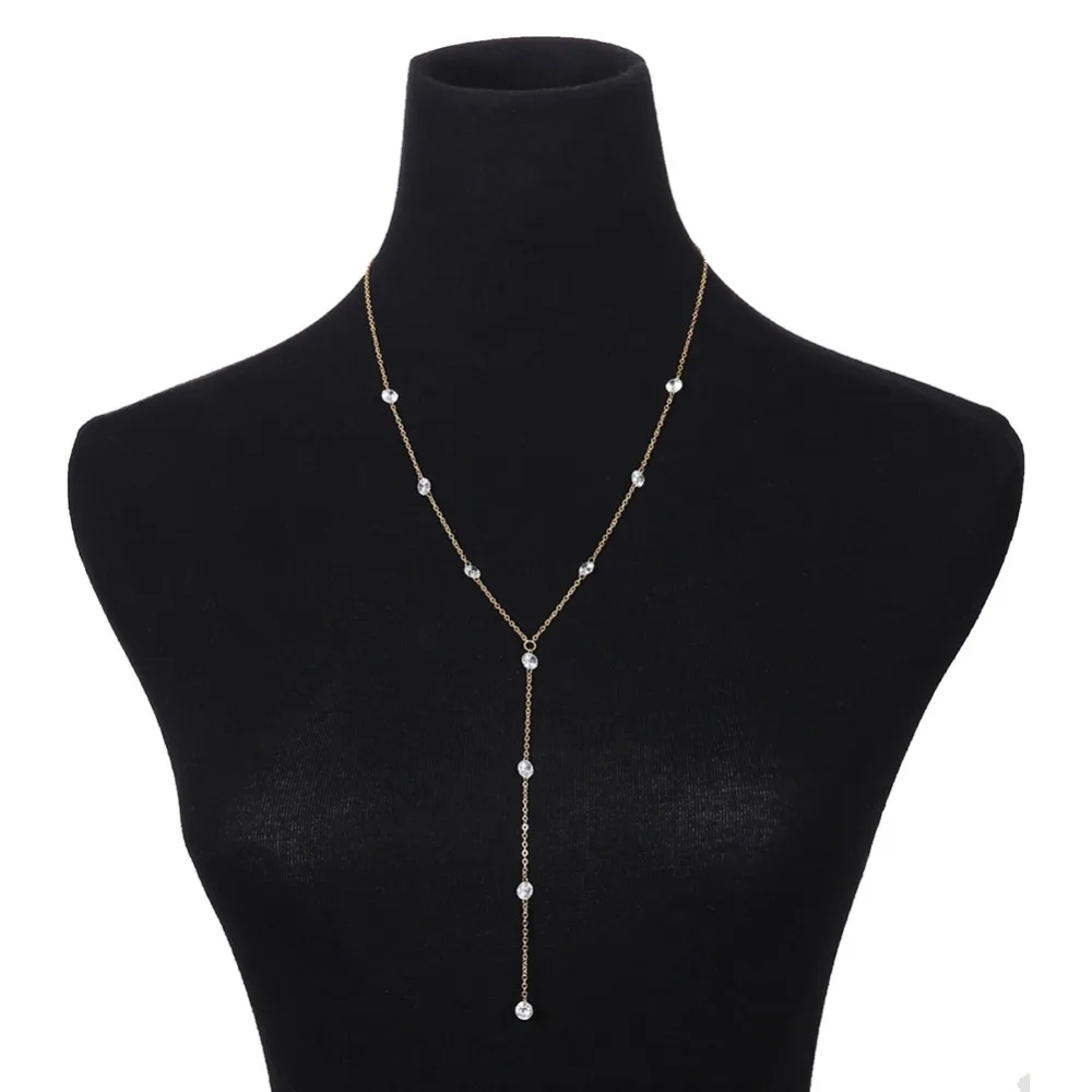 

New Gold silver color long chain crystal beads necklace for women summer chocker Necklaces Collier Ras du COU femme