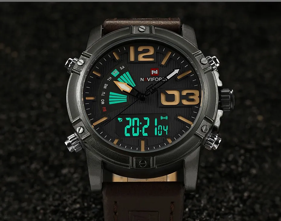 Dual Display Men Leather Band Wristwatch