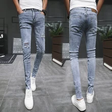 Летние Новые обтягивающие джинсы для мужчин, Стрейчевые тонкие модные джинсовые штаны с дырками, мужские уличные повседневные брюки в стиле хип-хоп, мужская одежда