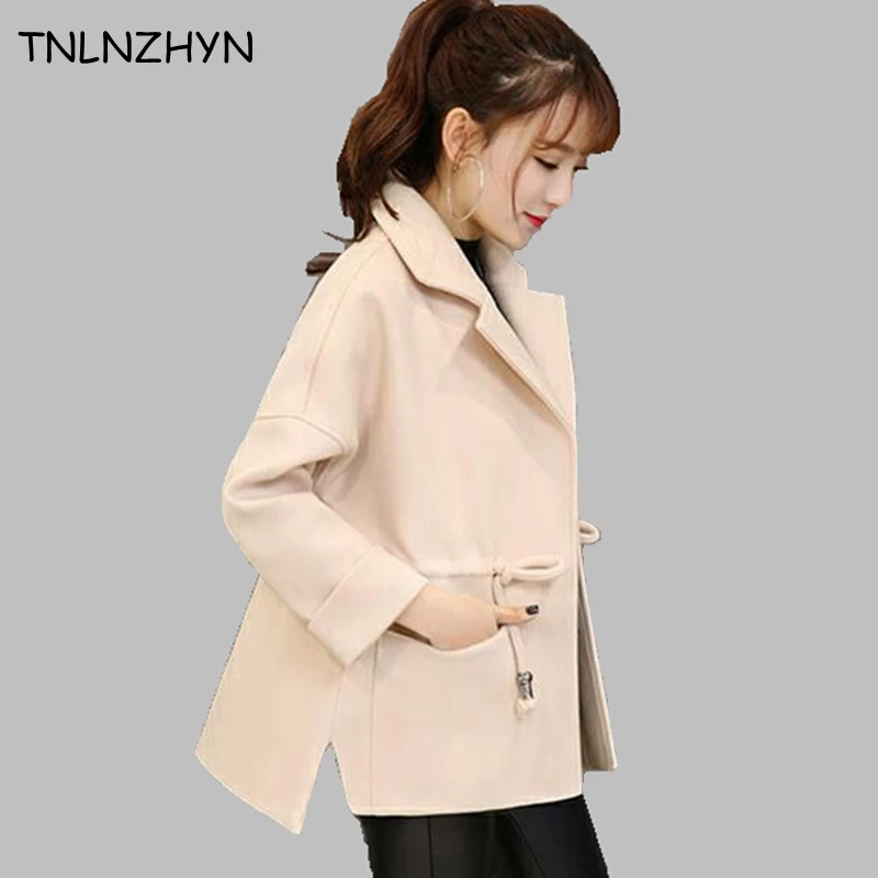 

TNLNZHYN 2019 New Spring Women Coats Fashion Turn Down Collar Elegant Wool Jackets Loose Short Style Slim Female Overcoats AL104
