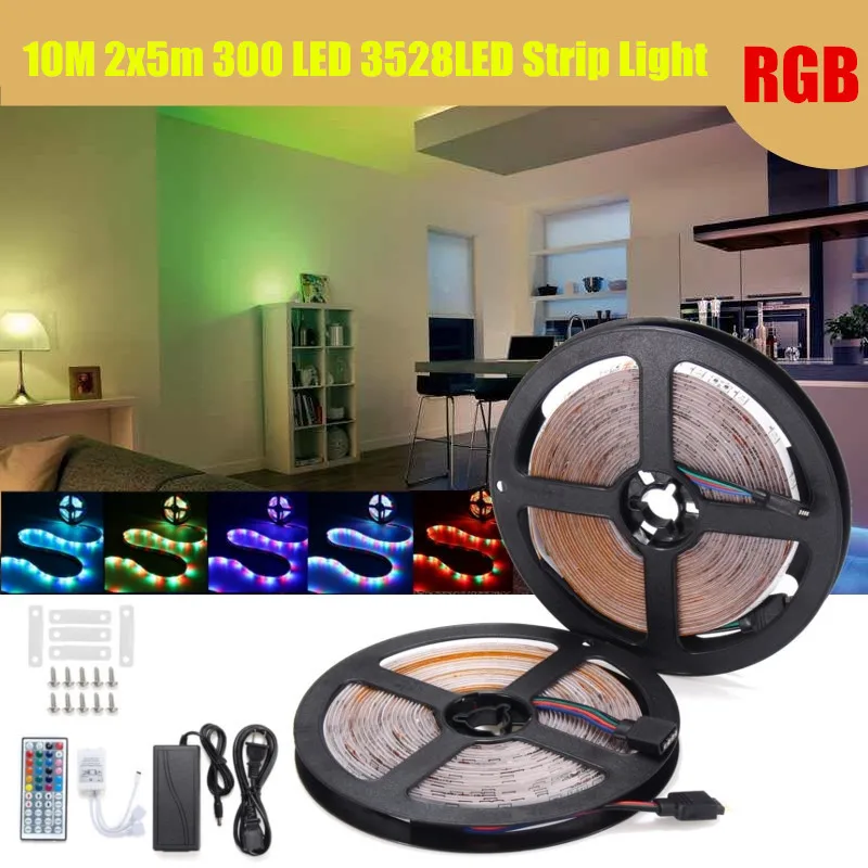 10M 600 LED Color Changing SMD3528 RGB LED Strip Tape Rope Light Kit + IR Controller + Adapter DC12V