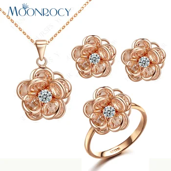 

MOONROCY Free Shipping Rose Gold Color Cute Rose Flower CZ Crystal Necklace Earrings and Ring Jewelry Set for Women Girls