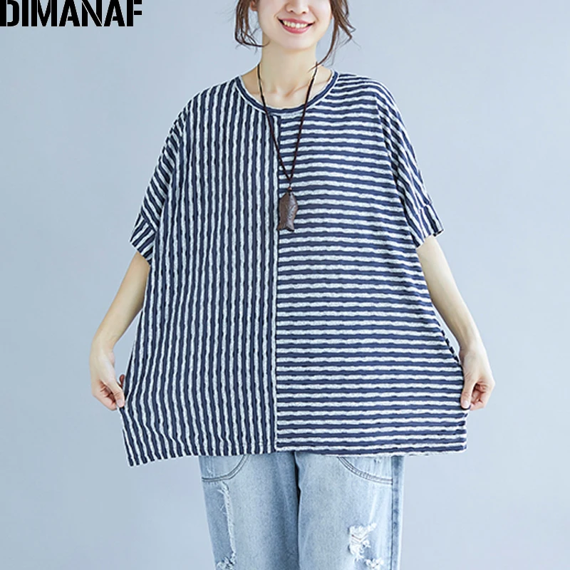 DIMANAF Women T-Shirt Cotton Summer Plus Size Basic Tops Tees Thin Print Striped Blue Female Casual Loose tshirts Batwing Sleeve | Женская