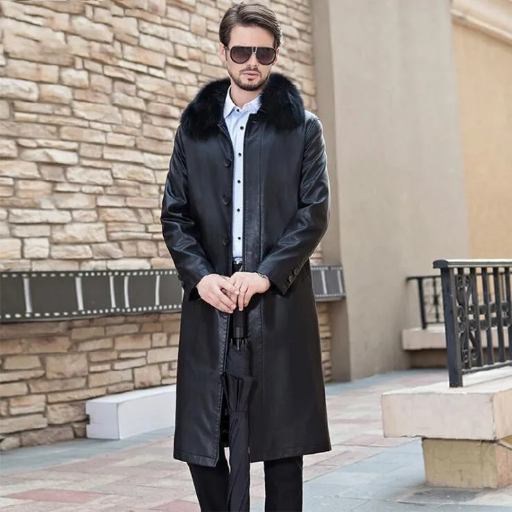 Новая зимняя мужская Длинная кожаная куртка с меховым воротником, мужская деловая Повседневная однобортная ветровка, мужской модный Тренч - Цвет: Черный
