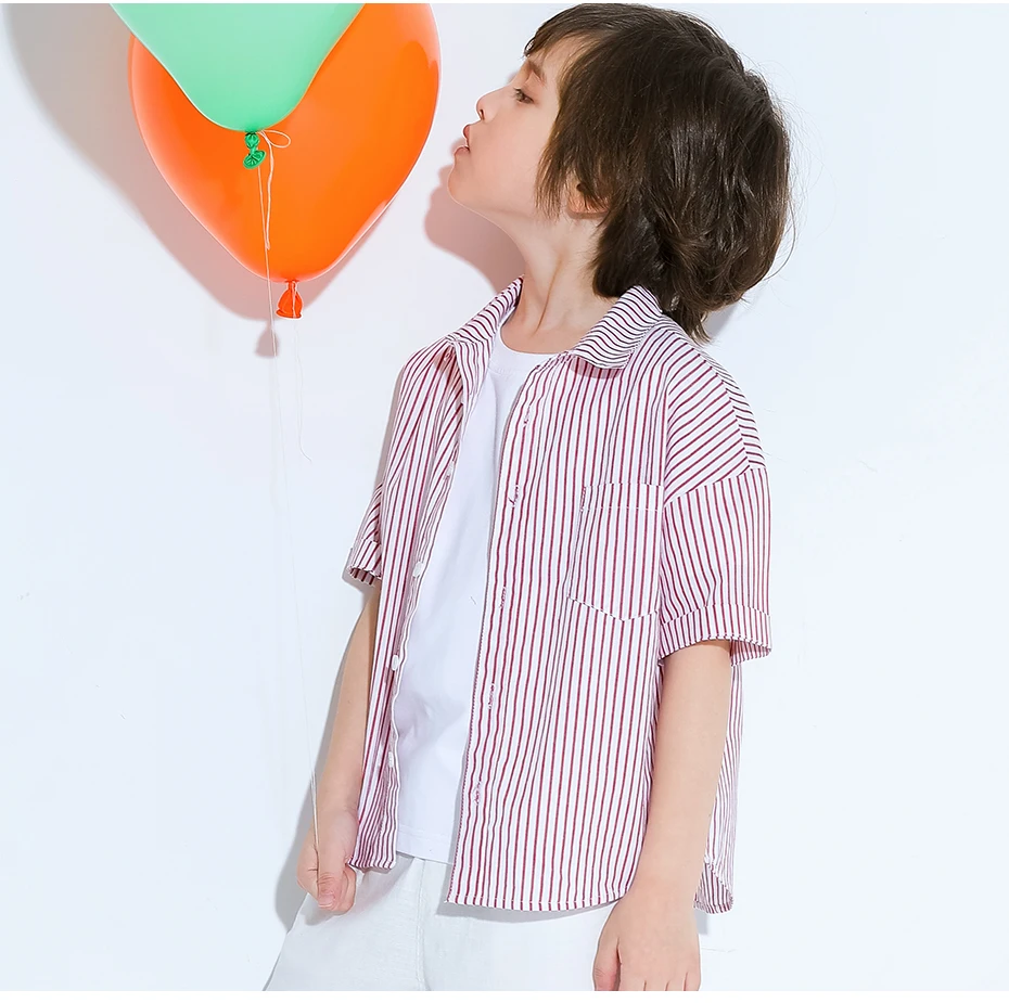 Pioneer kids/Летняя Детская рубашка в полоску; хлопковые топы с короткими рукавами для мальчиков; повседневная детская рубашка с отложным воротником; одежда; BDC910194