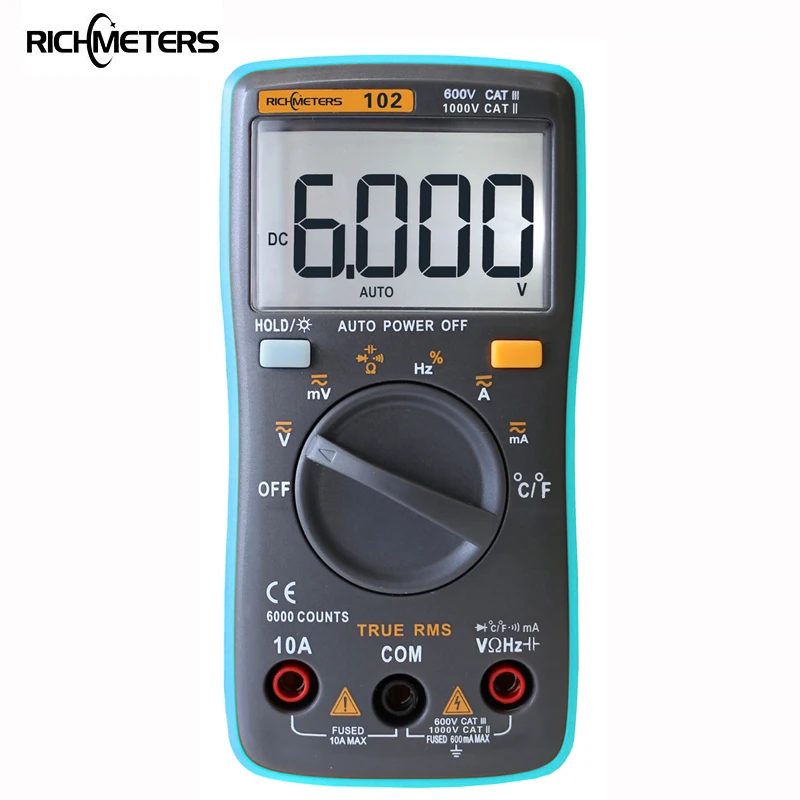 RICHMETERS 102 Multimeter 6000 počítá Zadní světlo AC / DC Ampérmetr Voltmetr Ohm Frekvence diodové teploty