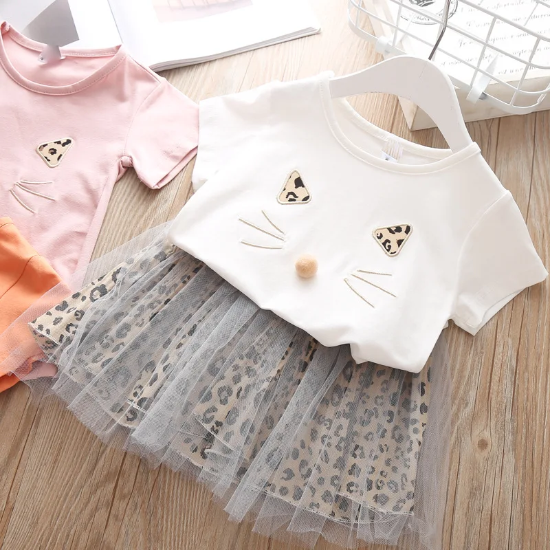 

Baby Girl Mesh Skirt Suit Cartoon Shirts Leopard Skirts Summer Girls Sets Clothing Short Blouse Tutu Skirt For Kids Set Costume