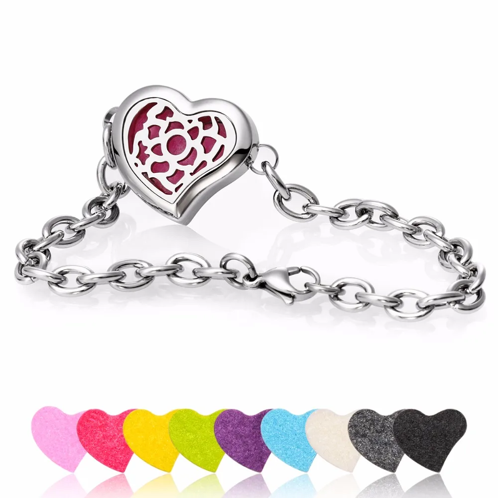 

Heart Aromatherapy Bangle Essential Oils Diffuser Locket Bracelet Silver Rose Flower (25mm) Stainless Steel Metal